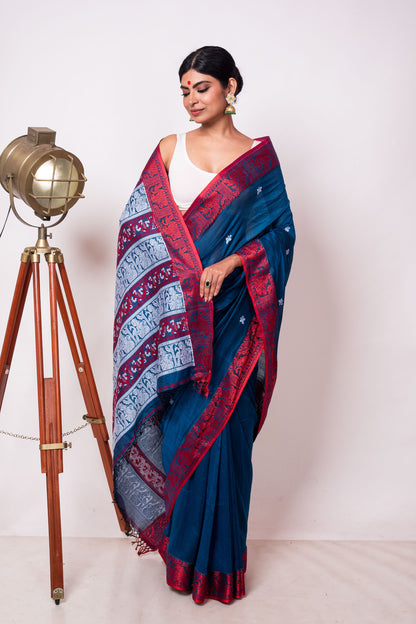 Blue Cotton Handloom Woven Human Figure Baluchari Saree