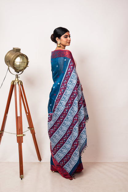 Blue Cotton Handloom Woven Human Figure Baluchari Saree