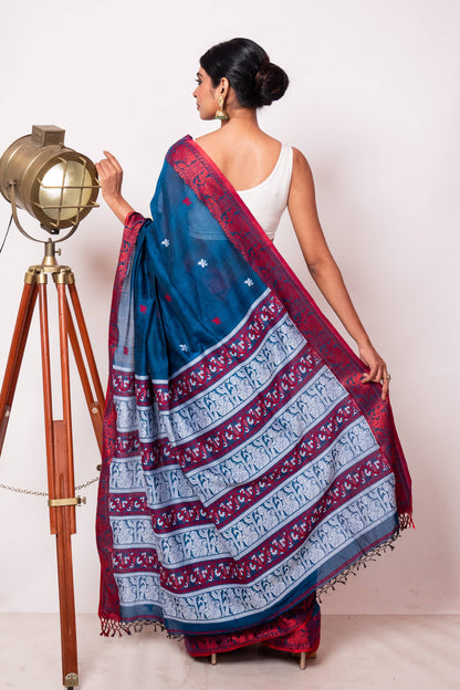 Blue Cotton Handloom Woven Human Figure Baluchari Saree