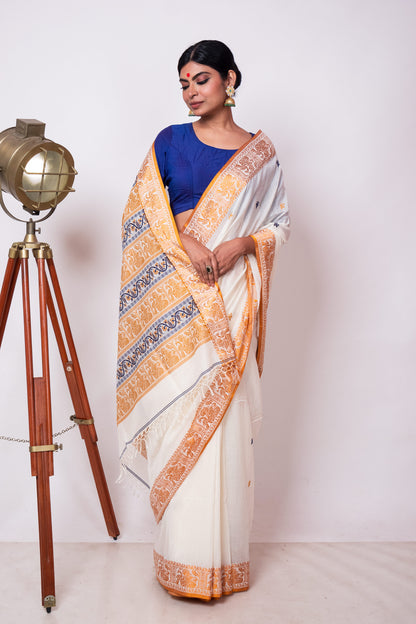 Off White Cotton Handloom Woven Human Figure Baluchari Saree