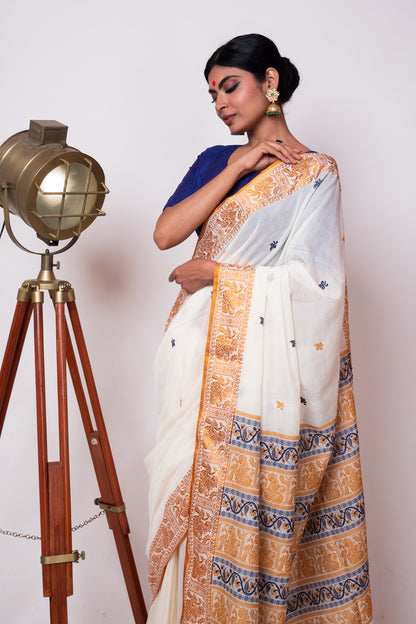 Off White Cotton Handloom Woven Human Figure Baluchari Saree