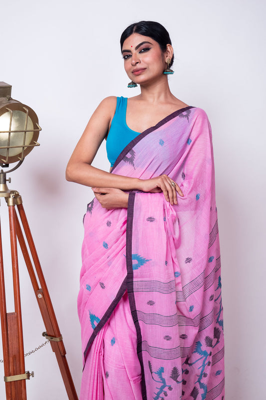 Bubblegum Pink Cotton Purely Handloom Needle Woven Jamdani Saree