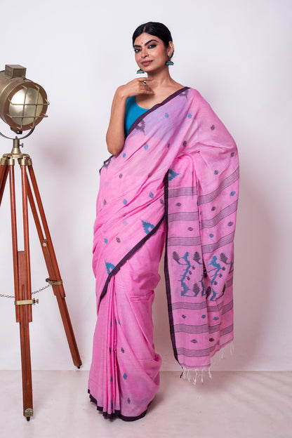 Bubblegum Pink Cotton Purely Handloom Needle Woven Jamdani Saree