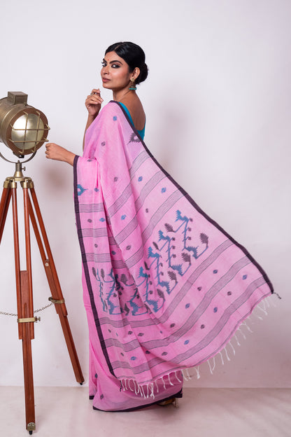 Bubblegum Pink Cotton Purely Handloom Needle Woven Jamdani Saree