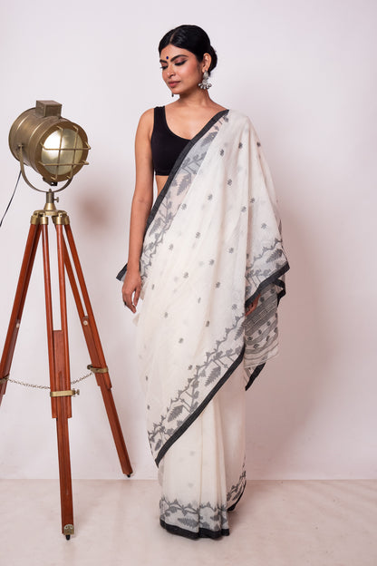 White Black Purely Handloom Needle Woven Jamdani Saree