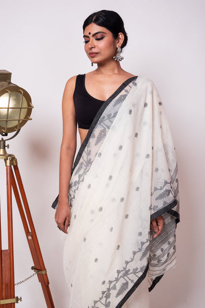 White Black Purely Handloom Needle Woven Jamdani Saree