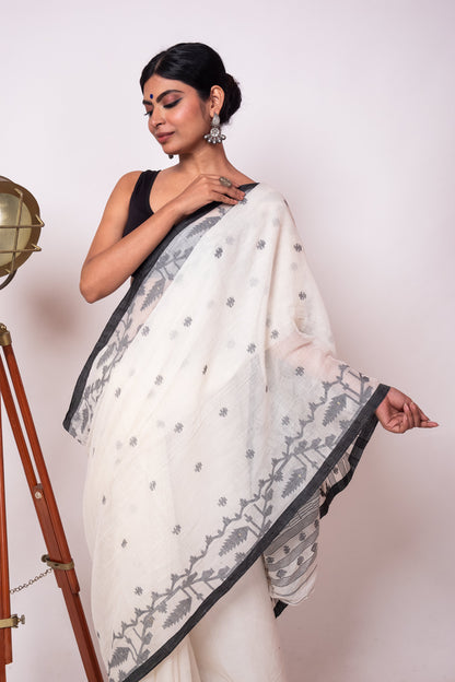 White Black Purely Handloom Needle Woven Jamdani Saree