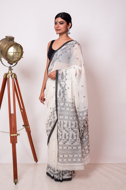 White Black Purely Handloom Needle Woven Jamdani Saree