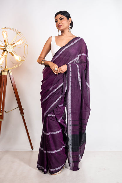 Purple Fish Woven Stripes Cotton Dhaniakhali Saree