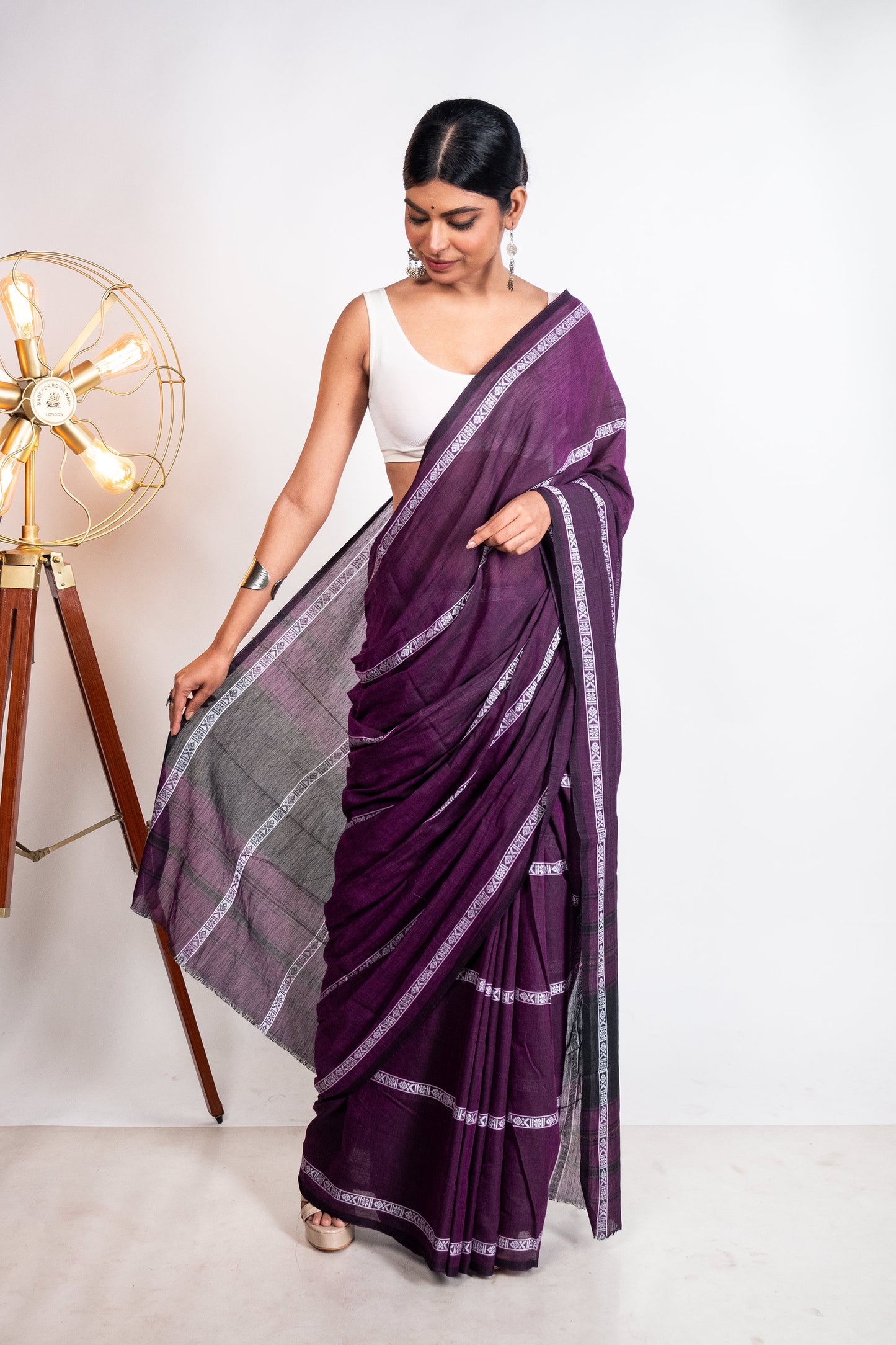 Purple Fish Woven Stripes Cotton Dhaniakhali Saree