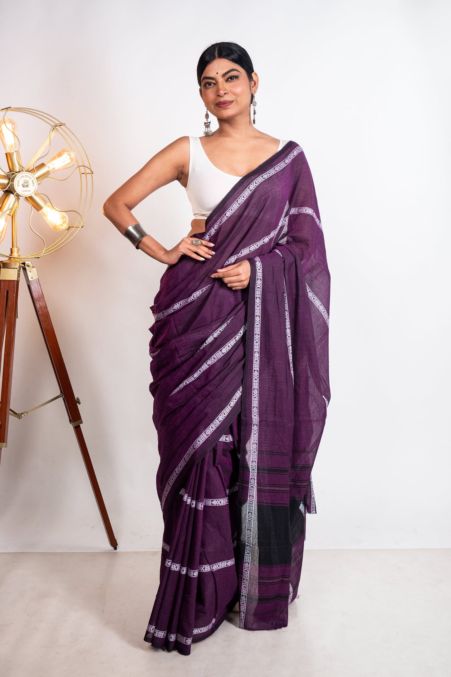 Purple Fish Woven Stripes Cotton Dhaniakhali Saree