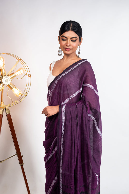 Purple Fish Woven Stripes Cotton Dhaniakhali Saree