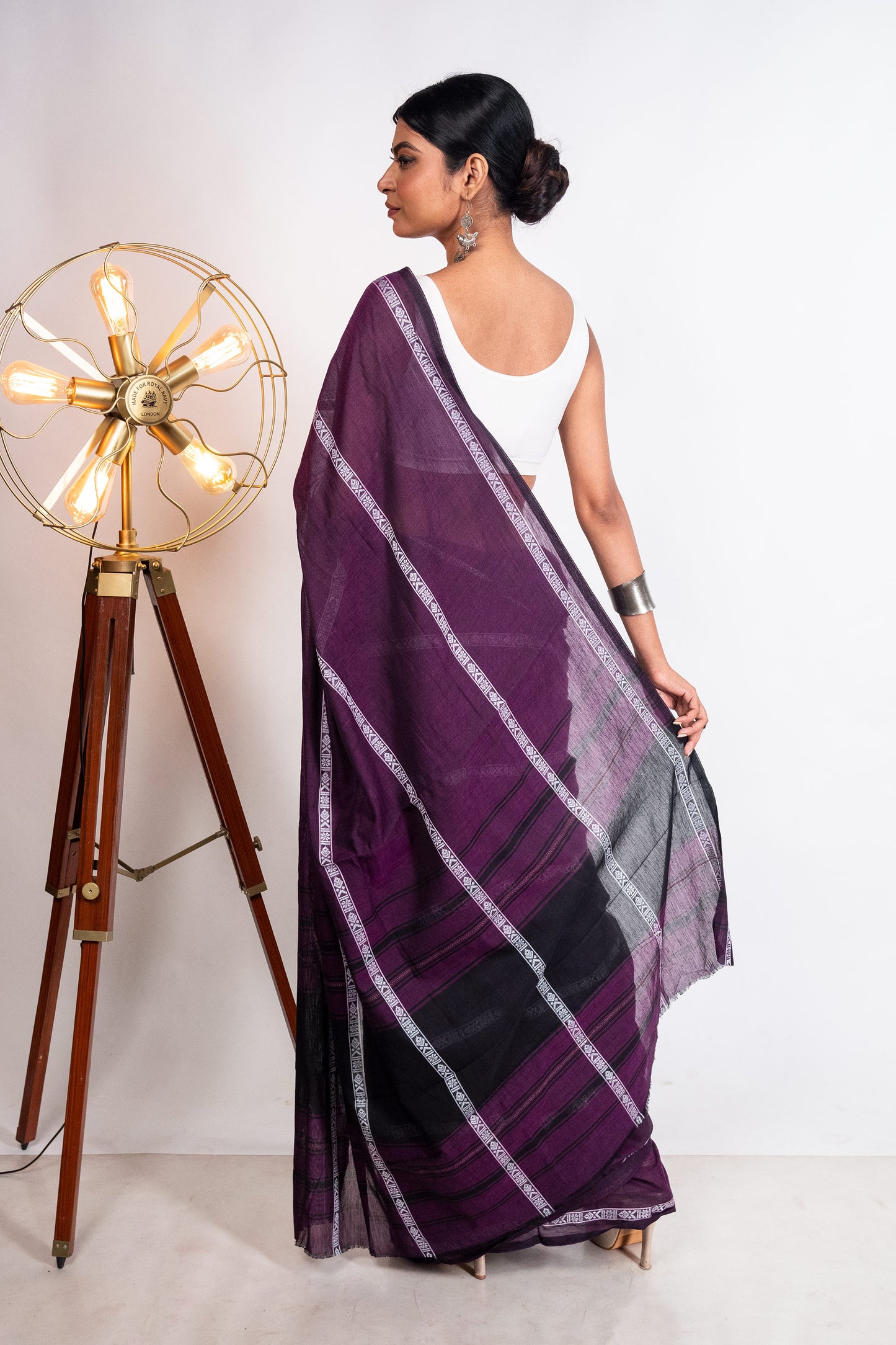 Purple Fish Woven Stripes Cotton Dhaniakhali Saree