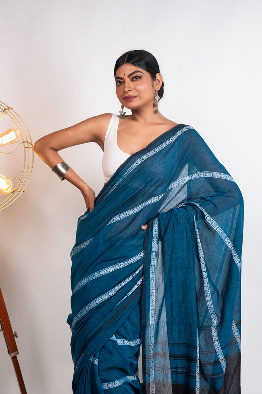 Blue Fish Woven Stripes Cotton Dhaniakhali Saree