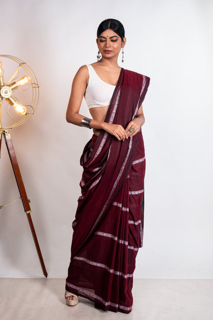 Maroon Fish Woven Stripes Cotton Dhaniakhali Saree