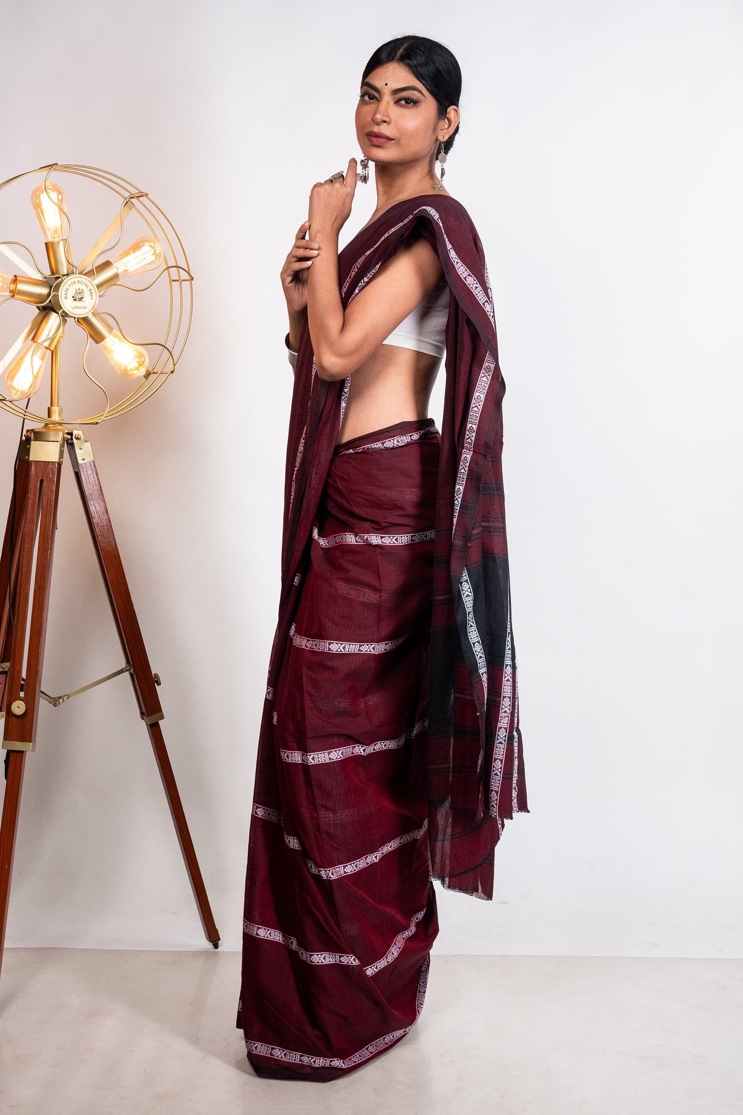 Maroon Fish Woven Stripes Cotton Dhaniakhali Saree