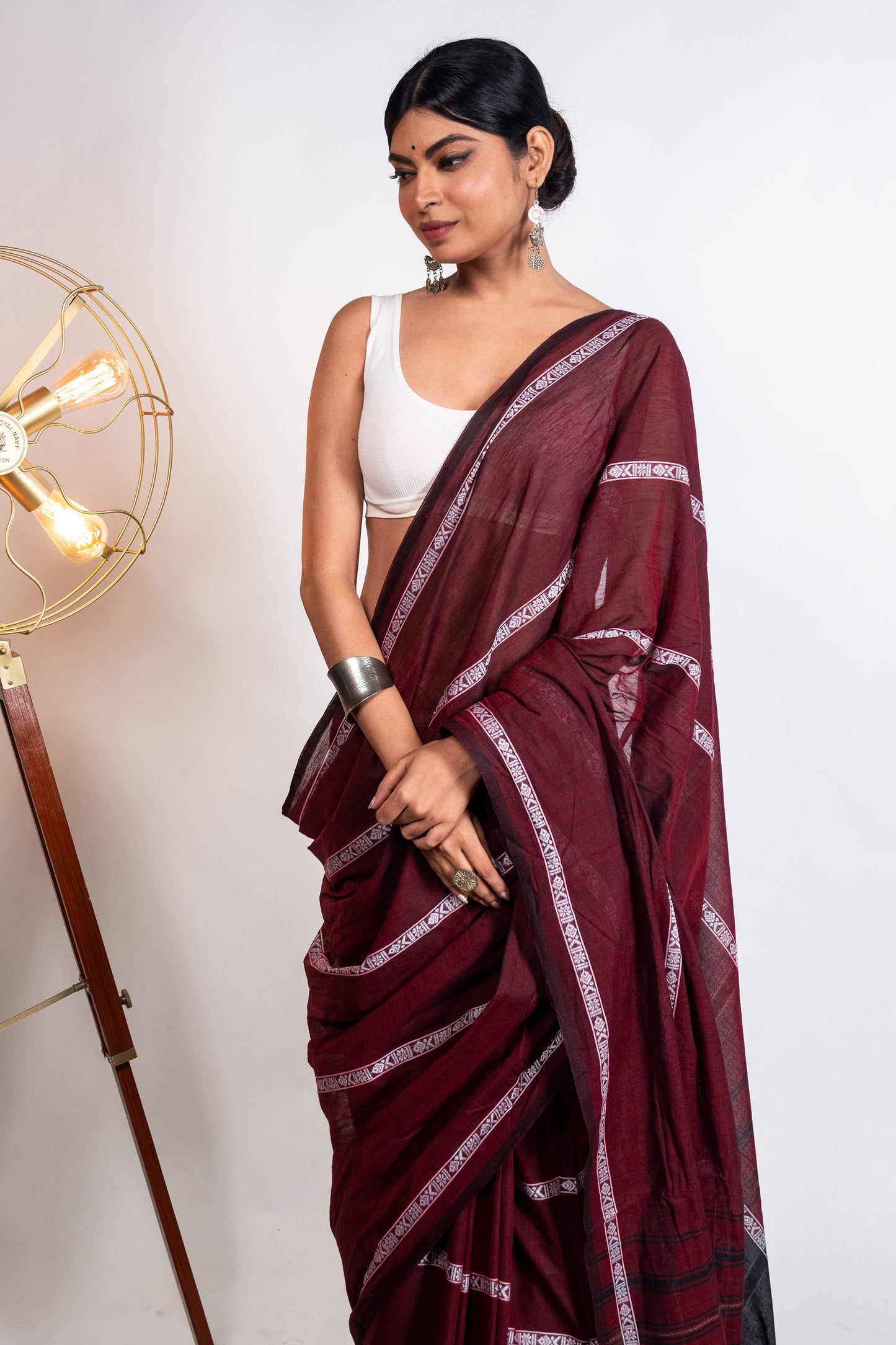 Maroon Fish Woven Stripes Cotton Dhaniakhali Saree