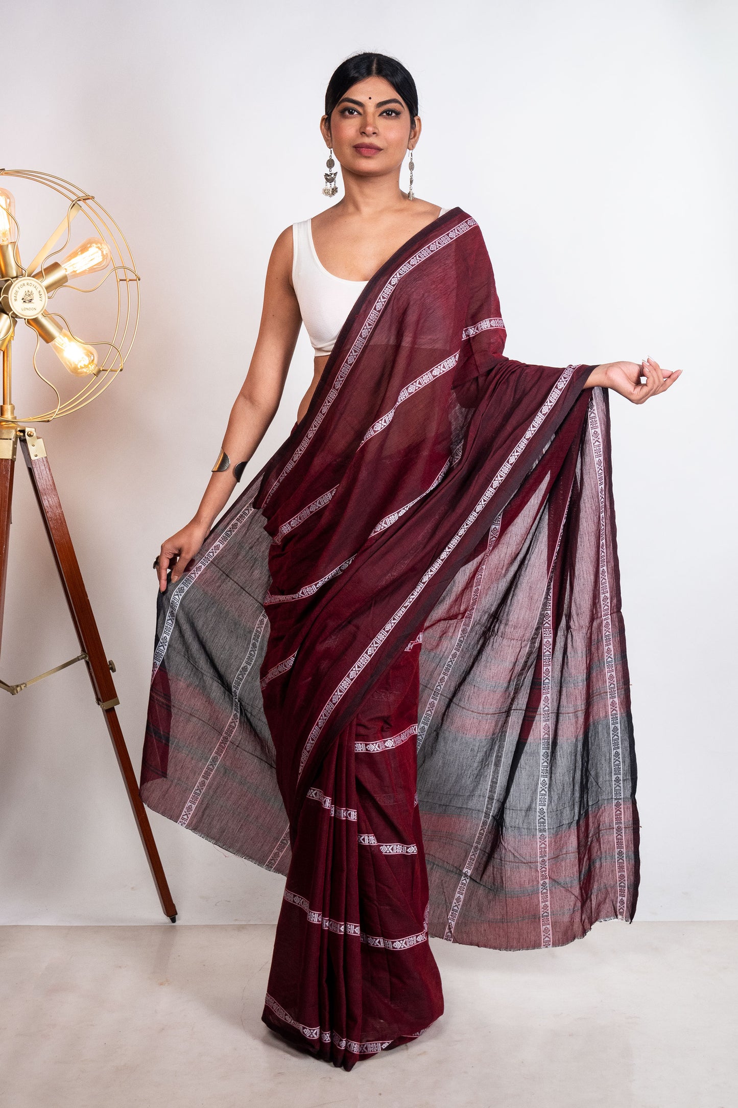 Maroon Fish Woven Stripes Cotton Dhaniakhali Saree