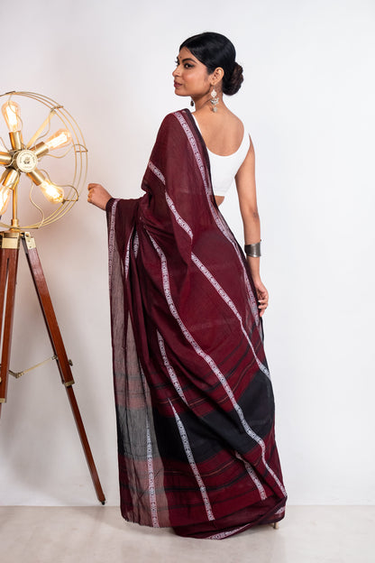 Maroon Fish Woven Stripes Cotton Dhaniakhali Saree