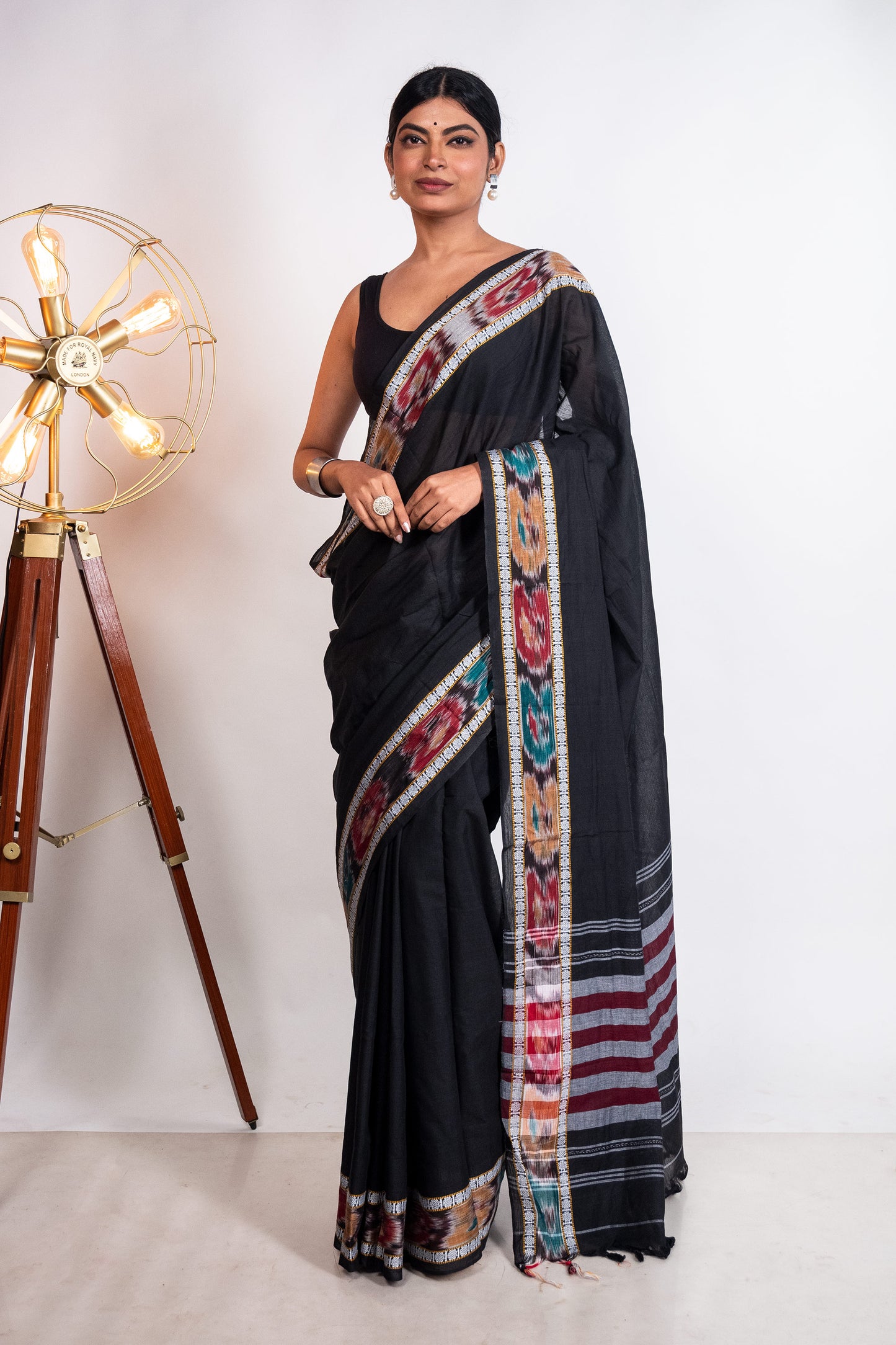 Black Cotton Dhaniakhali Saree with woven Ikat Borders