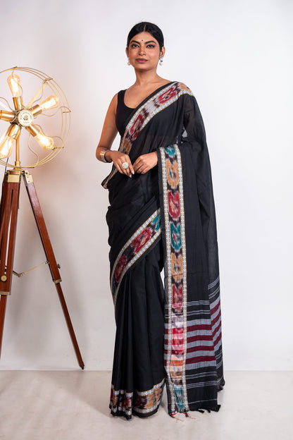 Black Cotton Dhaniakhali Saree with woven Ikat Borders