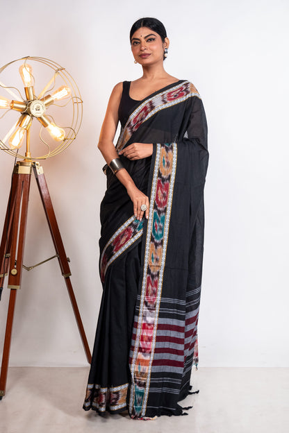 Black Cotton Dhaniakhali Saree with woven Ikat Borders