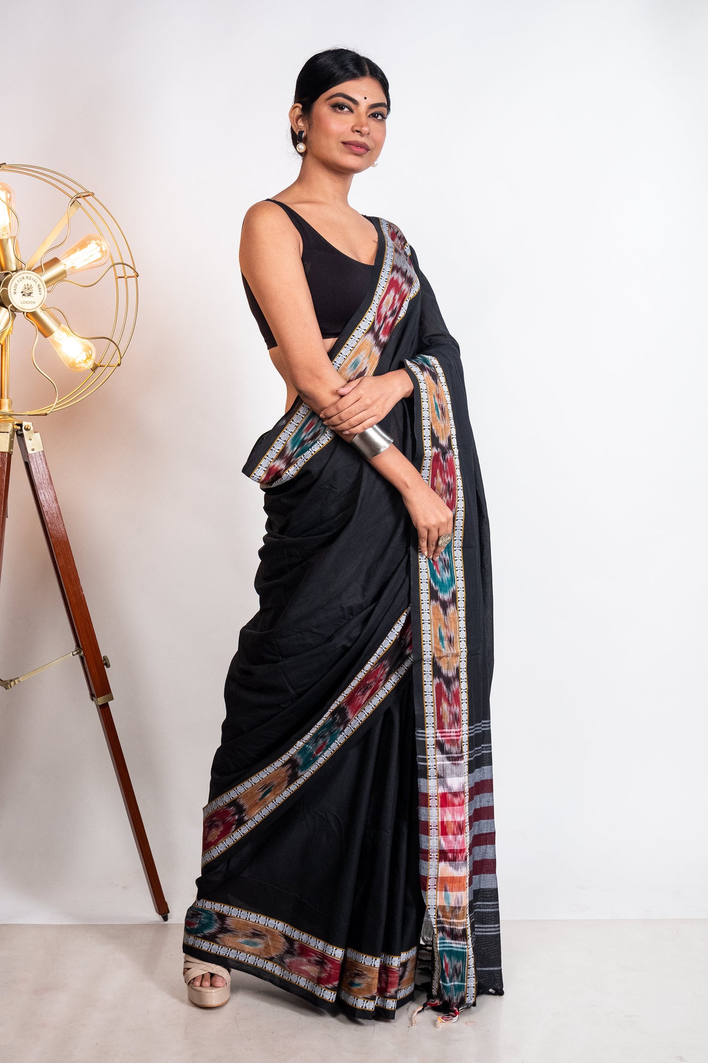 Black Cotton Dhaniakhali Saree with woven Ikat Borders