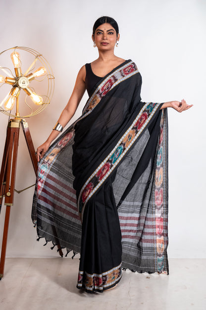 Black Cotton Dhaniakhali Saree with woven Ikat Borders