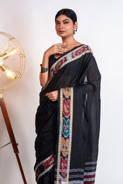 Black Cotton Dhaniakhali Saree with woven Ikat Borders