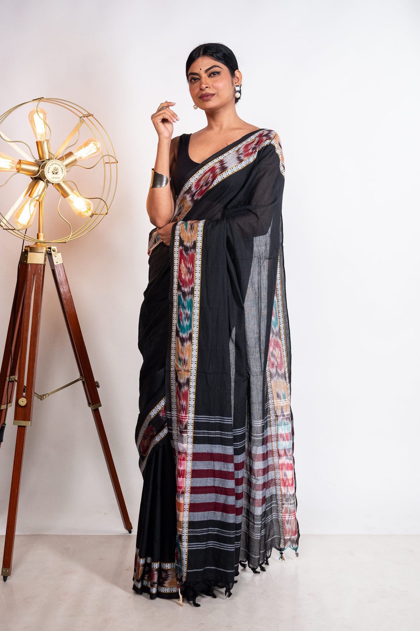 Black Cotton Dhaniakhali Saree with woven Ikat Borders