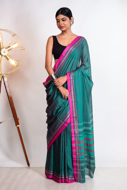 Sea Green Cotton Dhaniakhali Saree with Pink Borders