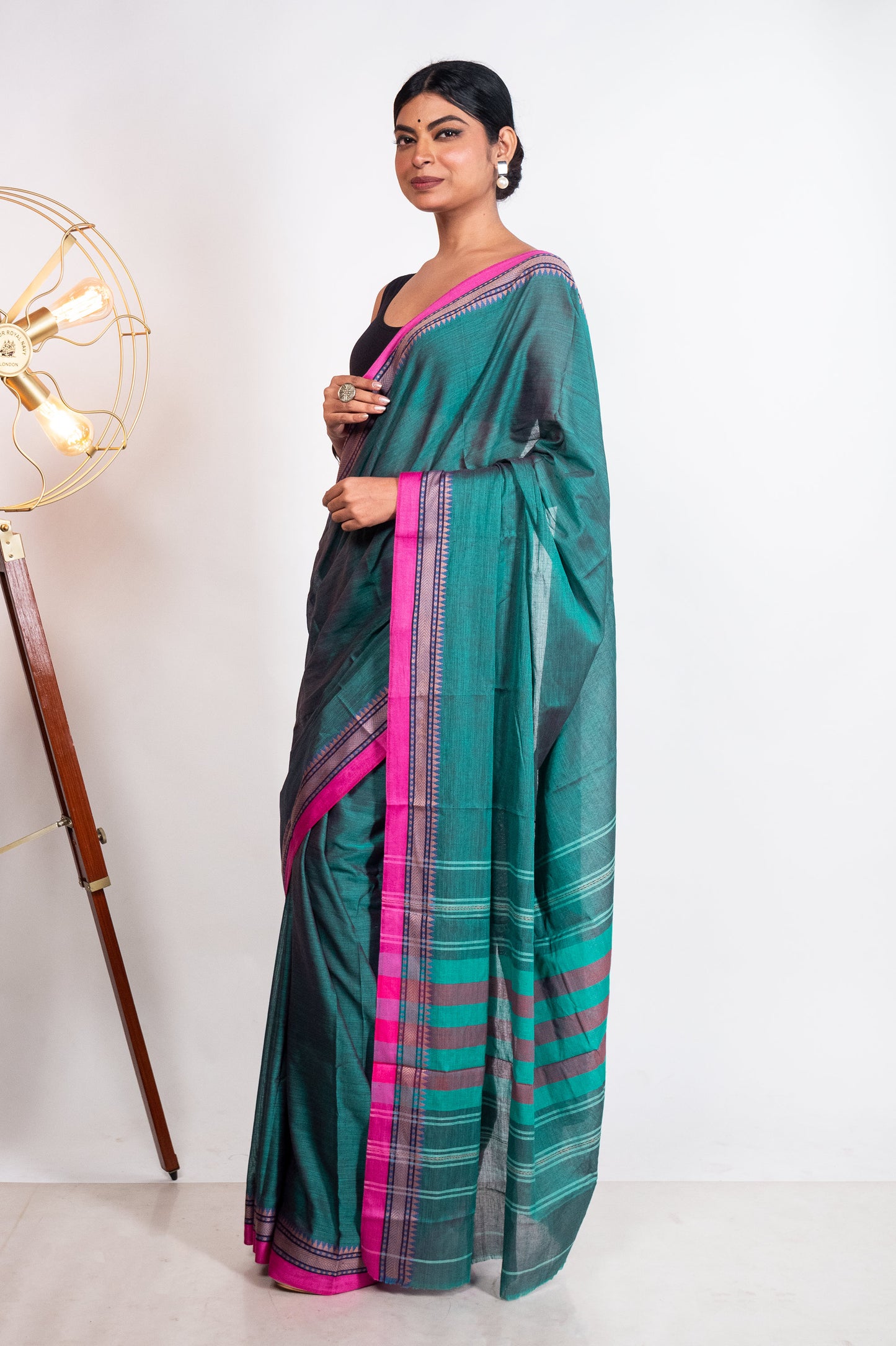 Sea Green Cotton Dhaniakhali Saree with Pink Borders