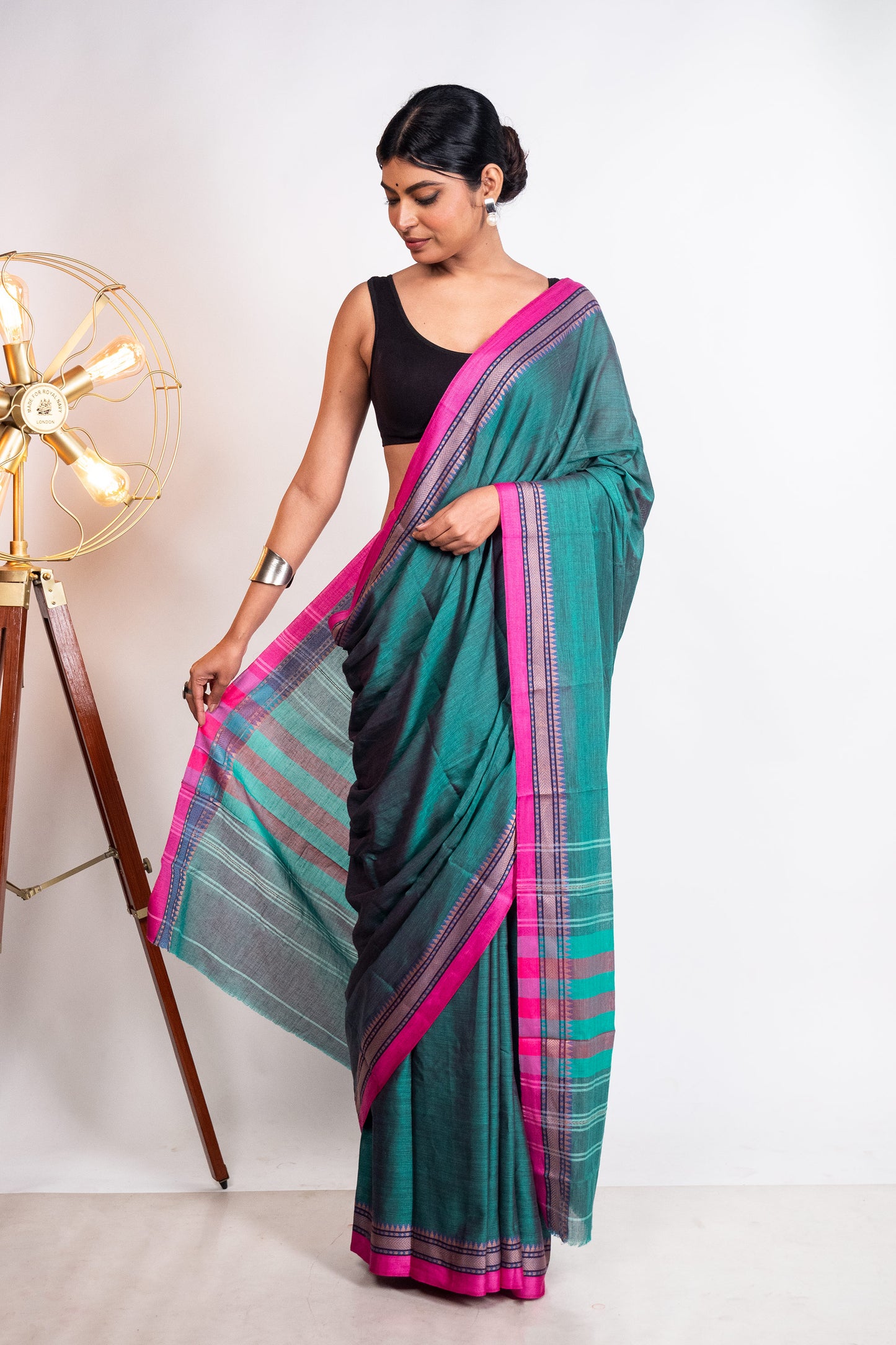 Sea Green Cotton Dhaniakhali Saree with Pink Borders