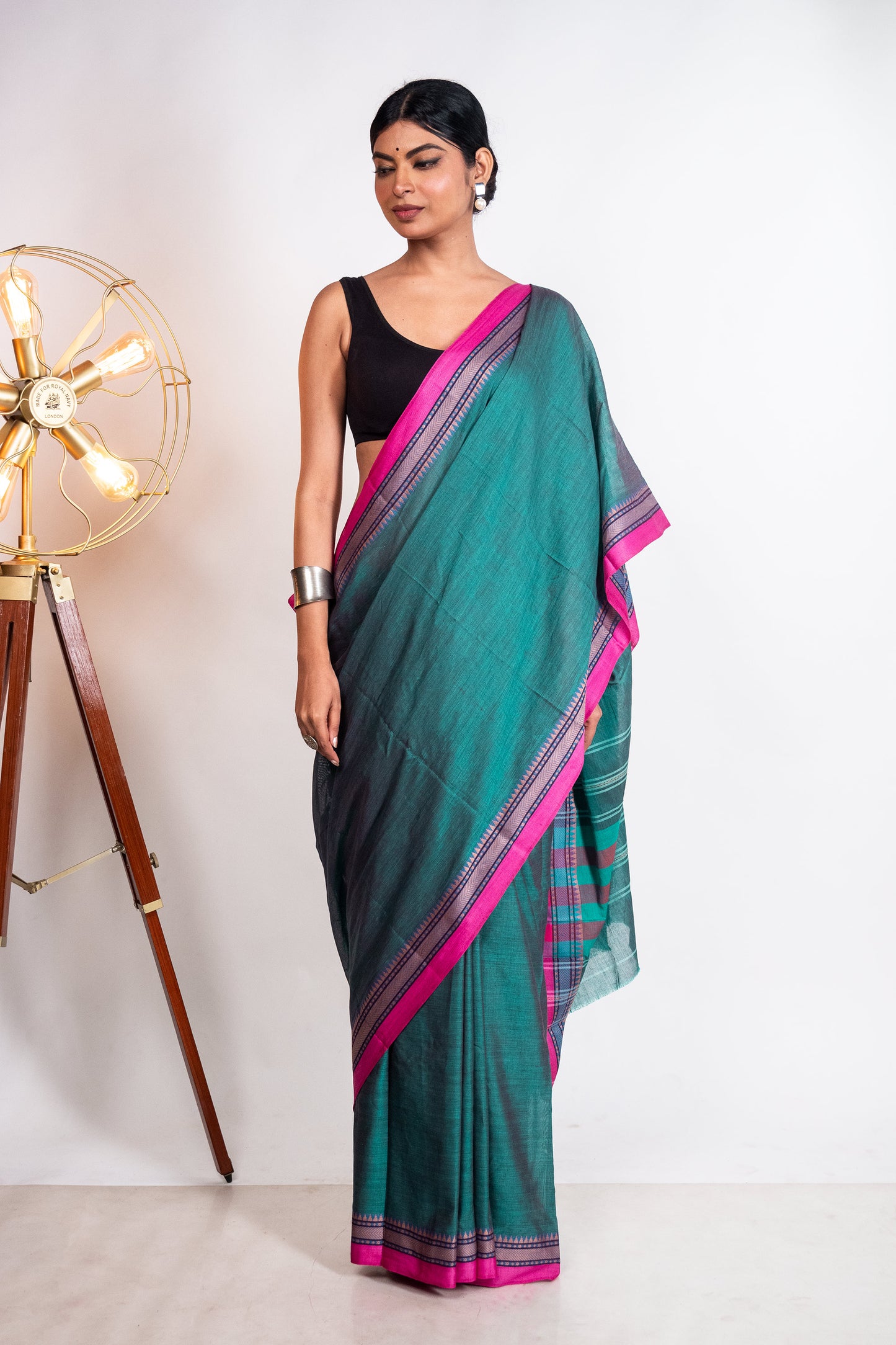 Sea Green Cotton Dhaniakhali Saree with Pink Borders