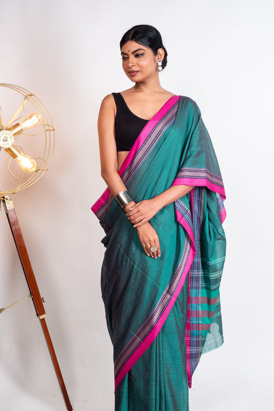 Sea Green Cotton Dhaniakhali Saree with Pink Borders