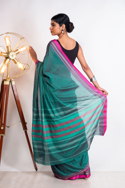 Sea Green Cotton Dhaniakhali Saree with Pink Borders