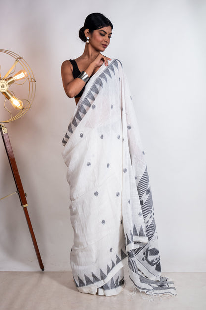 White Linen by Linen with Black Jamdani Woven Saree