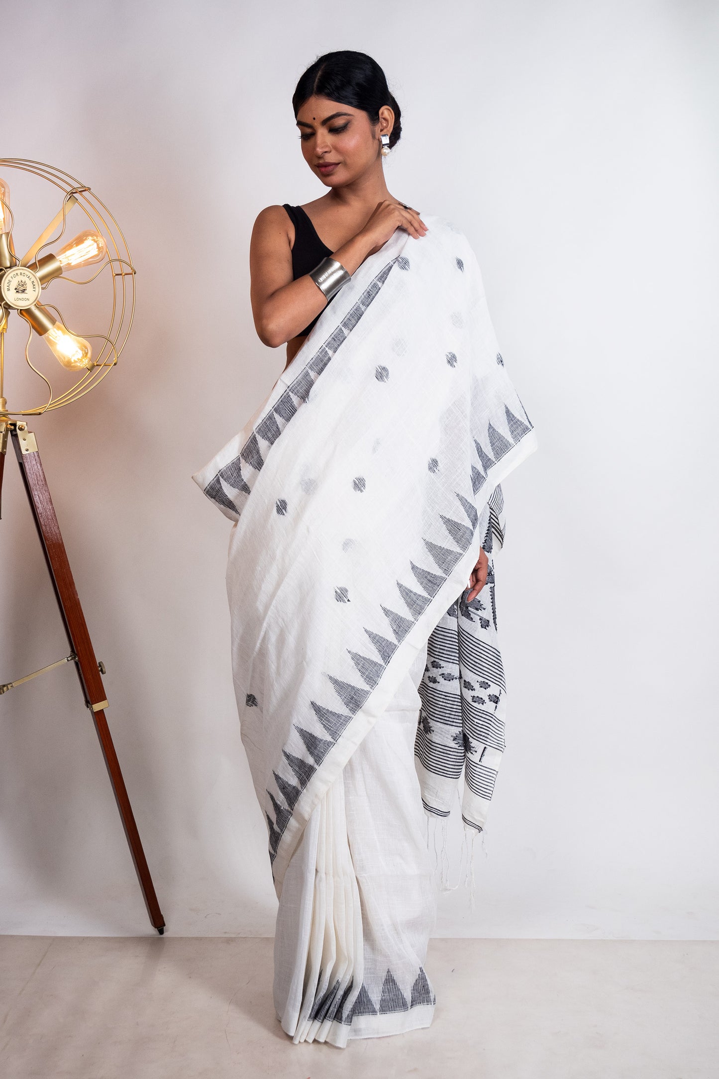 White Linen by Linen with Black Jamdani Woven Saree