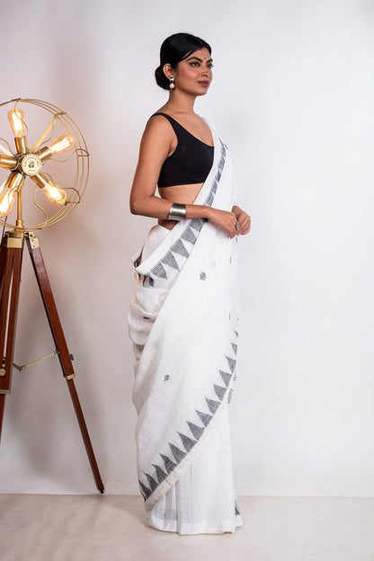 White Linen by Linen with Black Jamdani Woven Saree