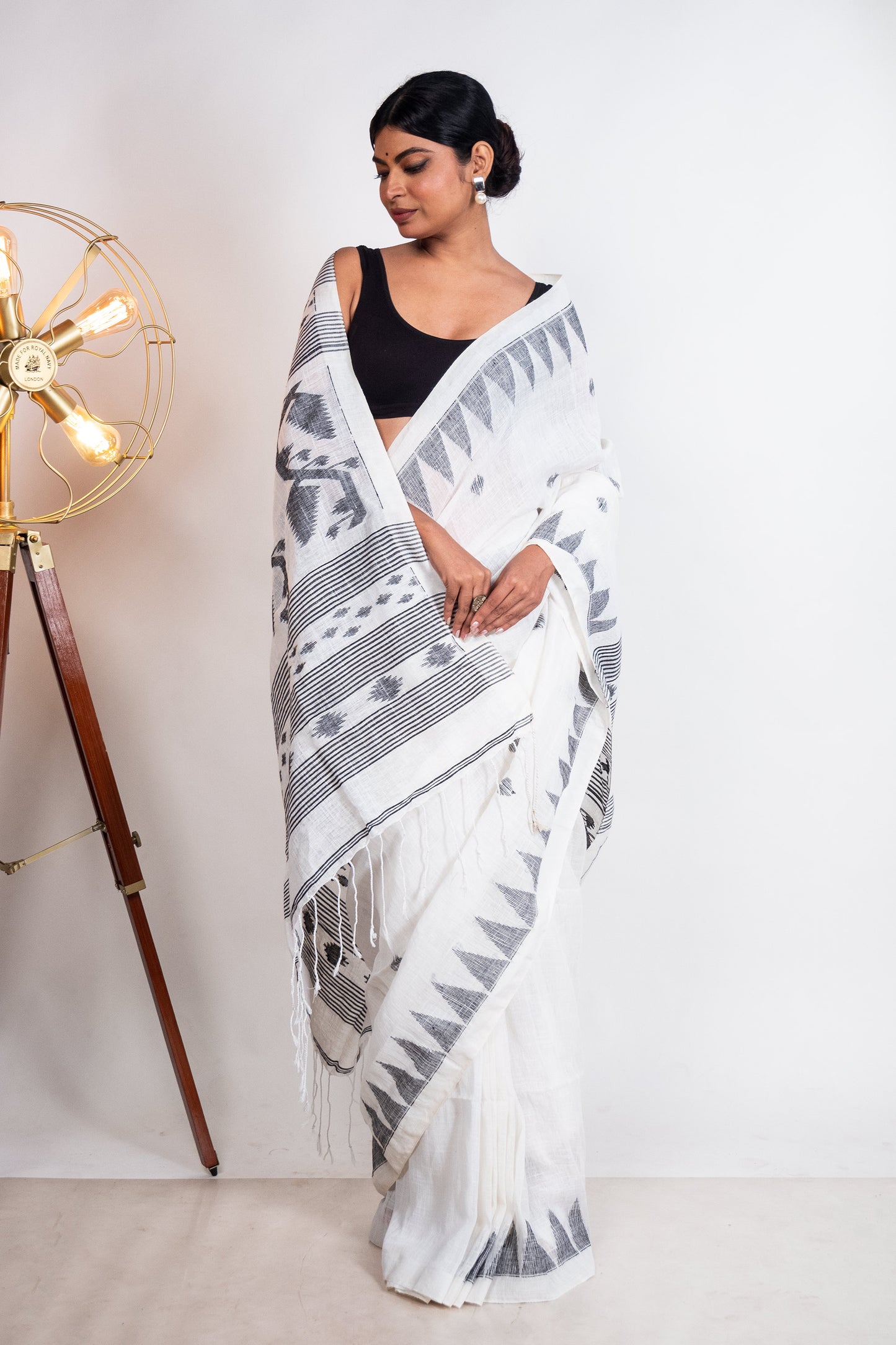 White Linen by Linen with Black Jamdani Woven Saree