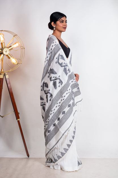 White Linen by Linen with Black Jamdani Woven Saree