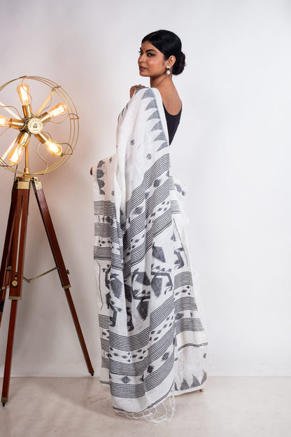 White Linen by Linen with Black Jamdani Woven Saree