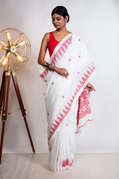 White Linen by Linen with Red Jamdani Woven Saree