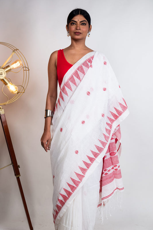 White Linen by Linen with Red Jamdani Woven Saree