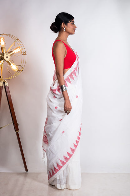 White Linen by Linen with Red Jamdani Woven Saree