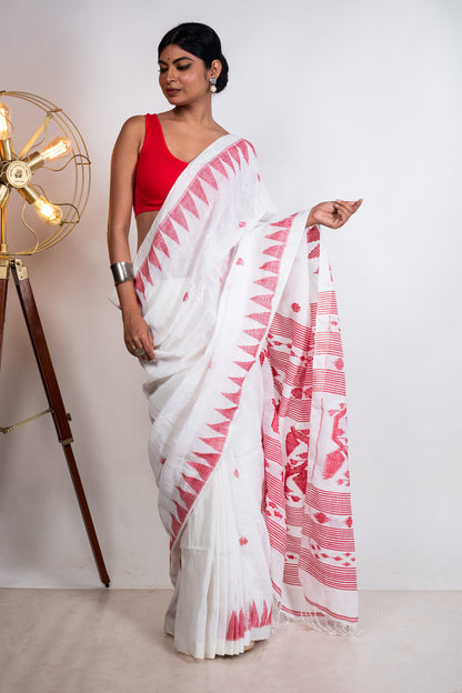 White Linen by Linen with Red Jamdani Woven Saree