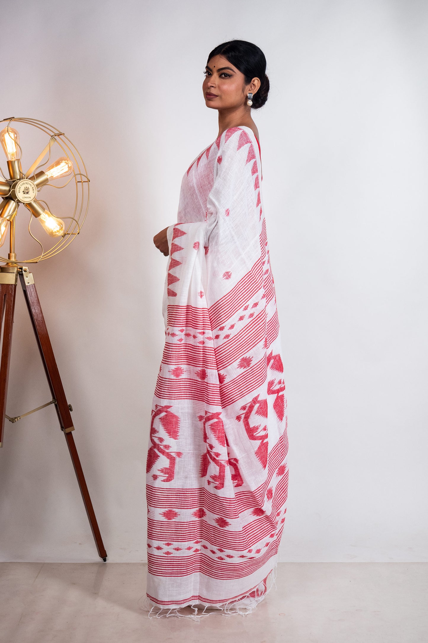 White Linen by Linen with Red Jamdani Woven Saree