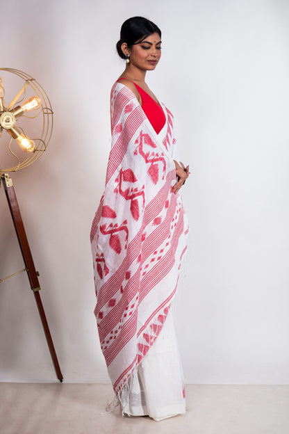 White Linen by Linen with Red Jamdani Woven Saree