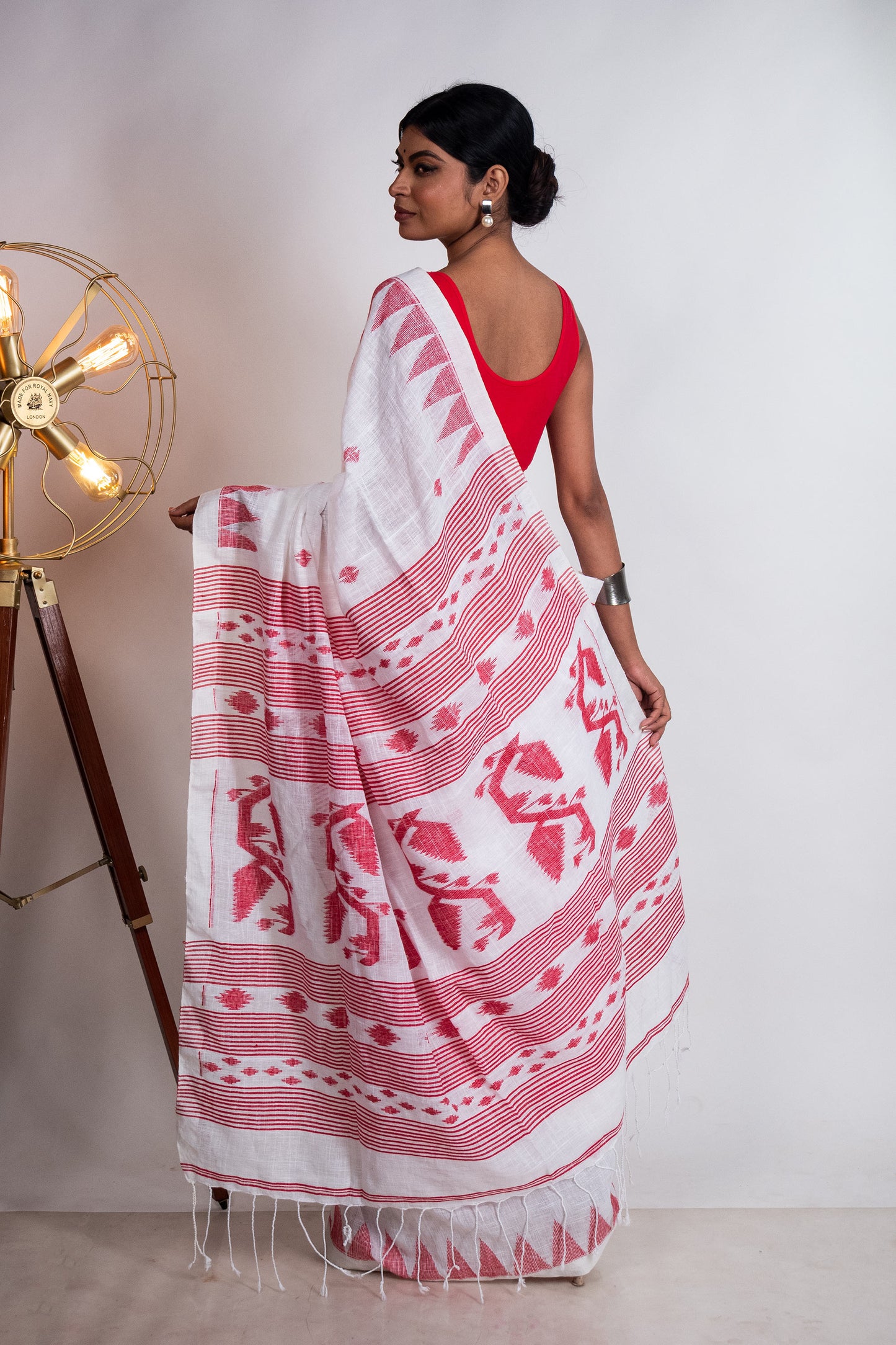 White Linen by Linen with Red Jamdani Woven Saree