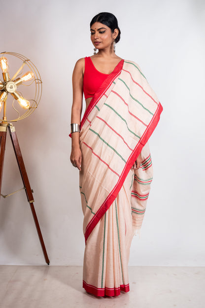 Beige Begumpuri Cotton Handloom Saree with Red Borders